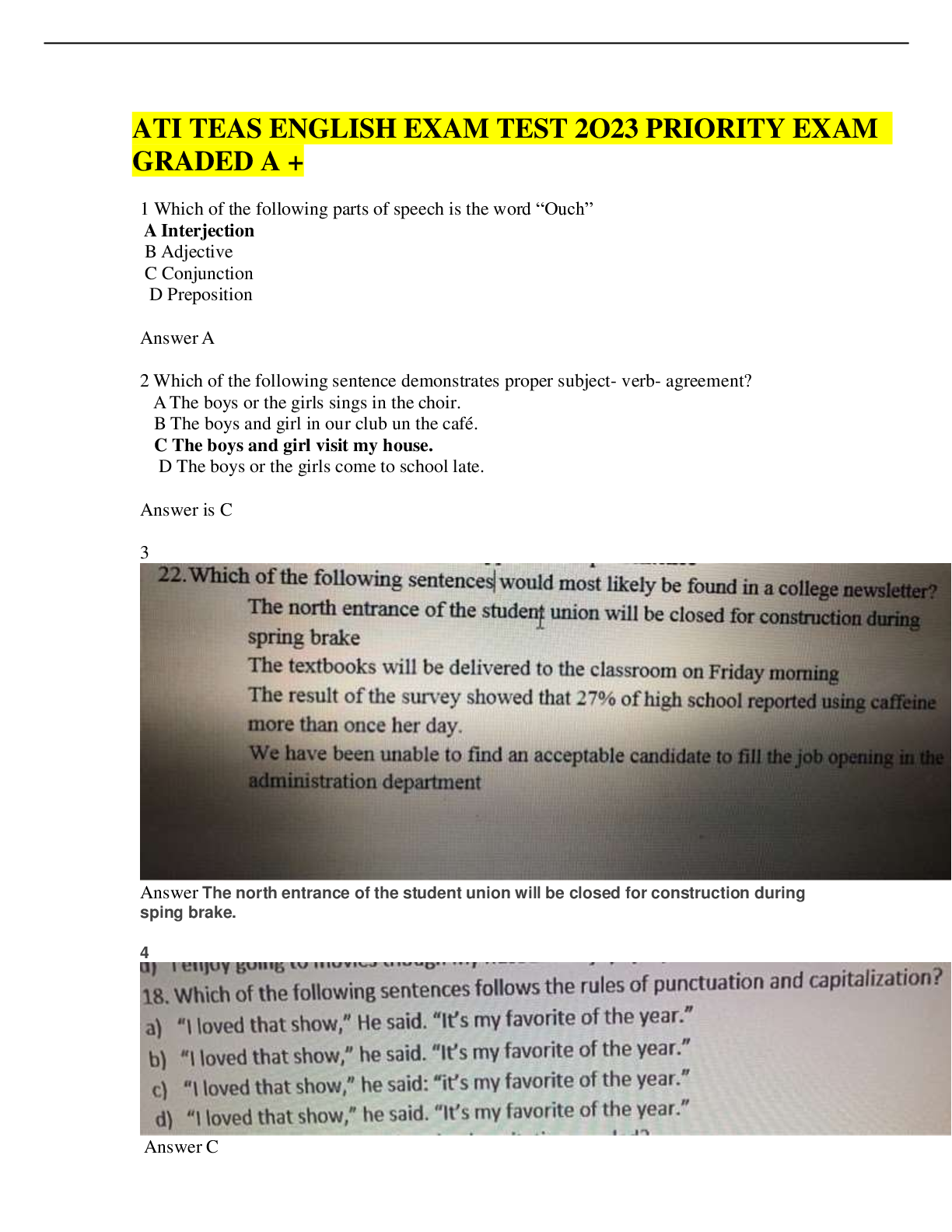 Preview of ATI TEAS ENGLISH EXAM TEST 2O23 PRIORITY EXAM  GRADED A +